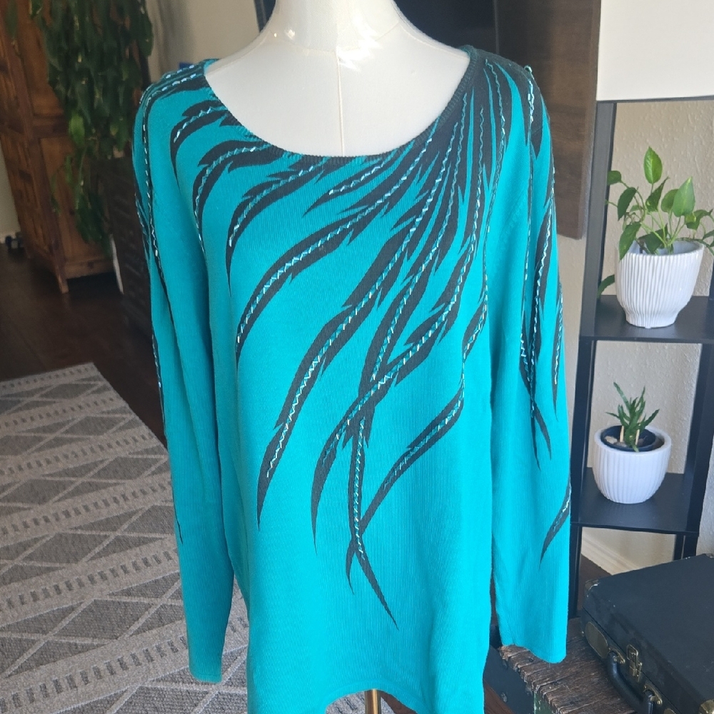 Vintage Bob Mackie Vibrant Teal Top with Black Pattern